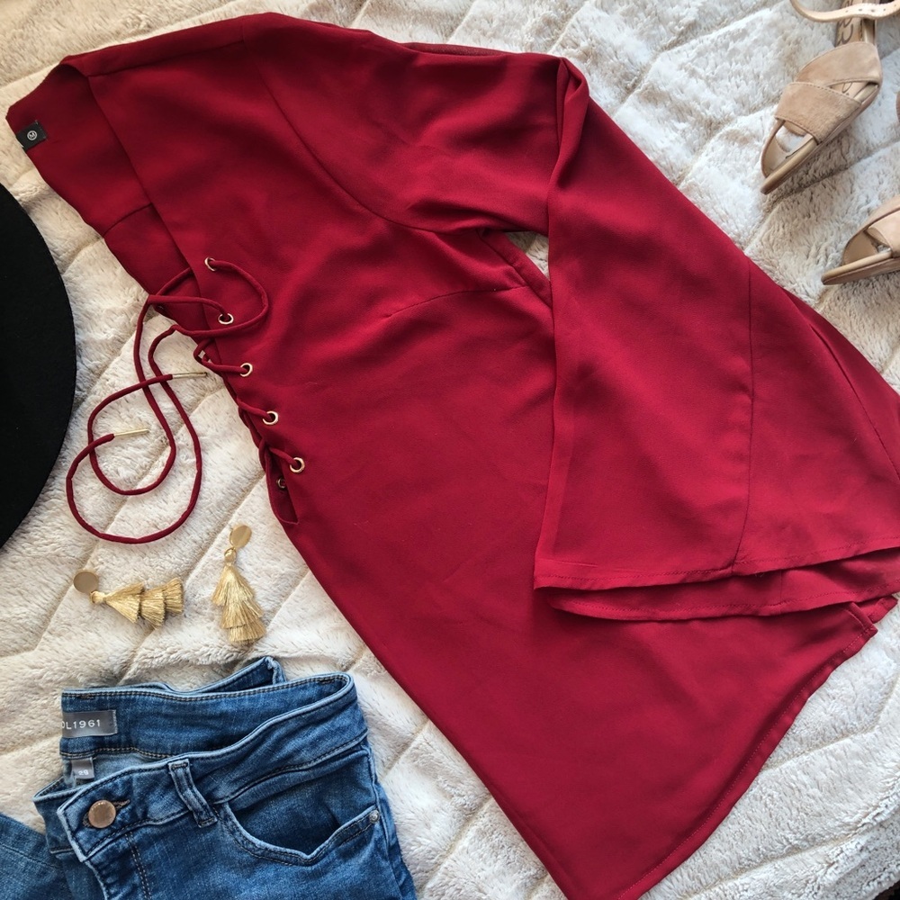 Burgundy Lace-up Bell Sleeve Blouse - Picture 3 of 7